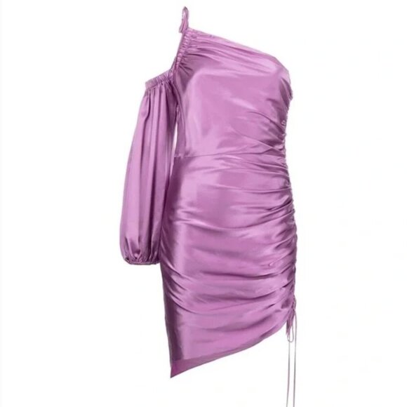 NEW Cinq A Sept 100% Silk Lavender One Shoulder Ruched Asymmetric Dress - Picture 4 of 10